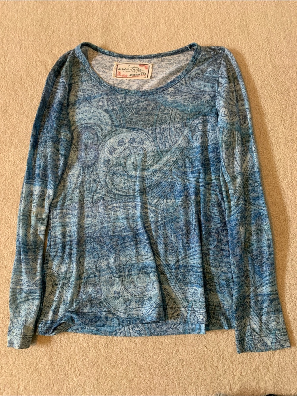 Aventura Blue Paisley-Pattern Long Sleeve Scoop Neck Top